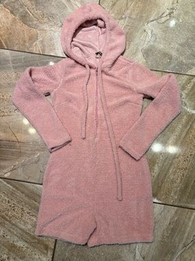 Fashion Nova Pink Fuzzy Hooded Shorts Romper